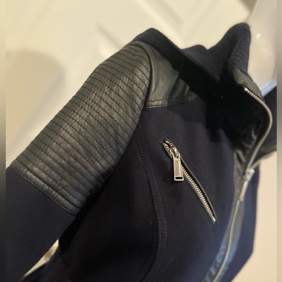 BCBGeneration~Navy & Black Faux Leather~Belted~Hooded~Pea Coat~Pockets~Size S - Picture 8 of 16